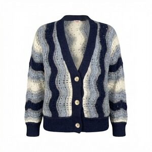 Faherty Cardigan Mens Large Blue Wavy Crochet Baby Alpaca Coogi style Sweater